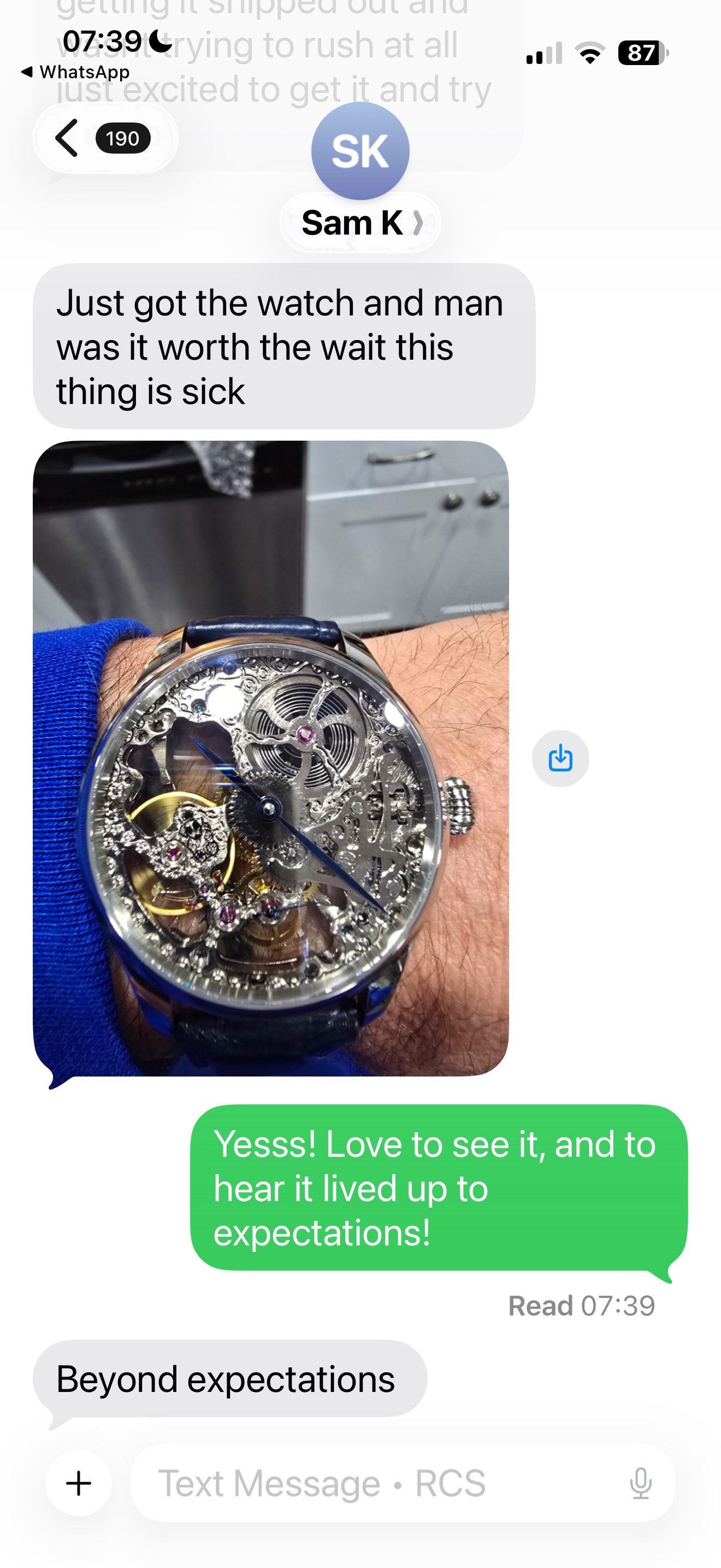 Customer message about their Mr. Eatwell watch