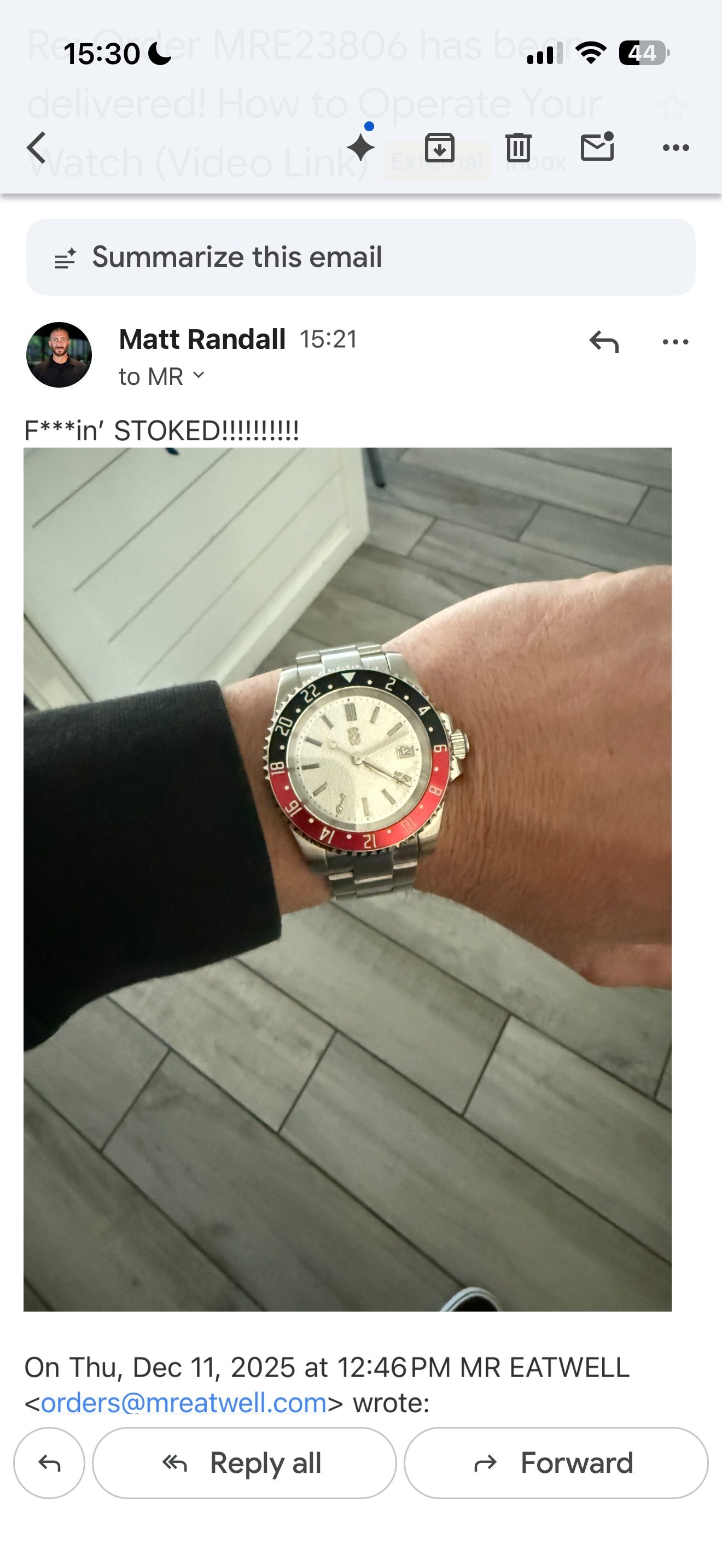 Customer message about their Mr. Eatwell watch