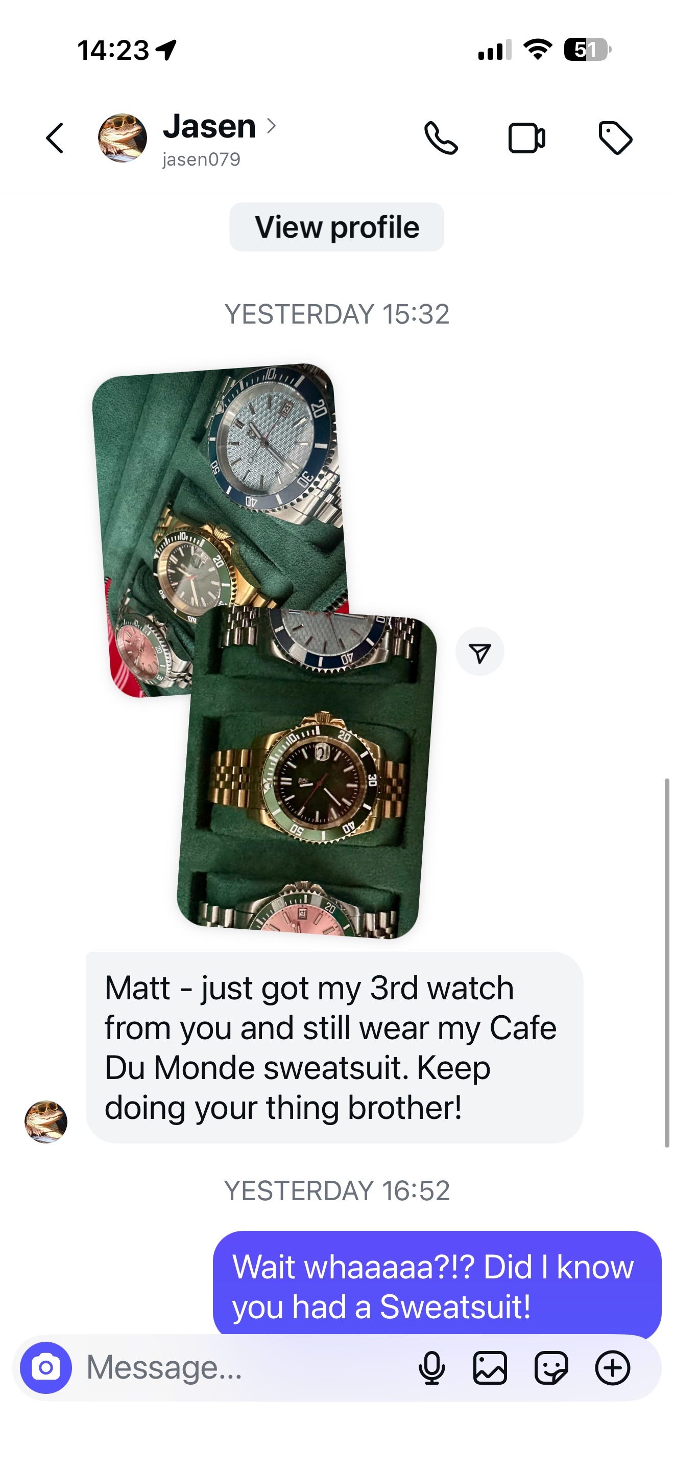 Customer message about their Mr. Eatwell watch
