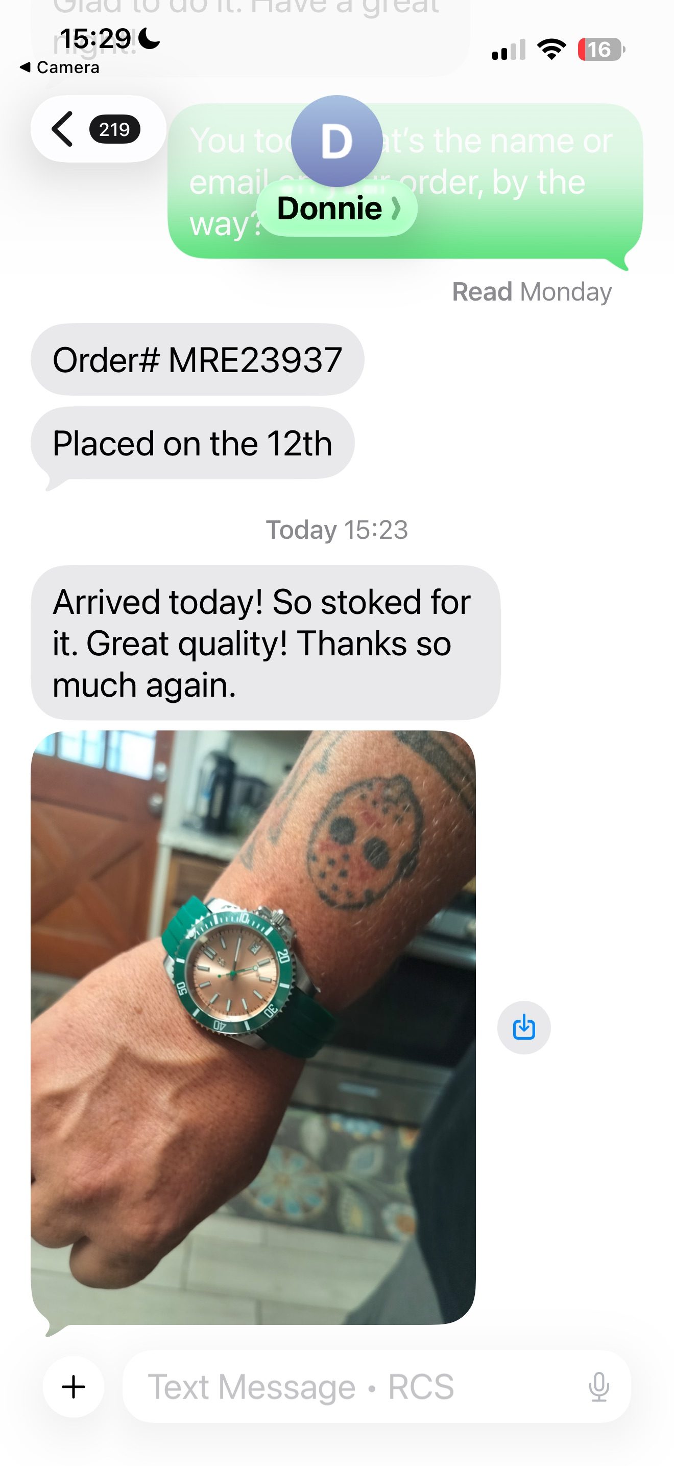 Customer message about their Mr. Eatwell watch