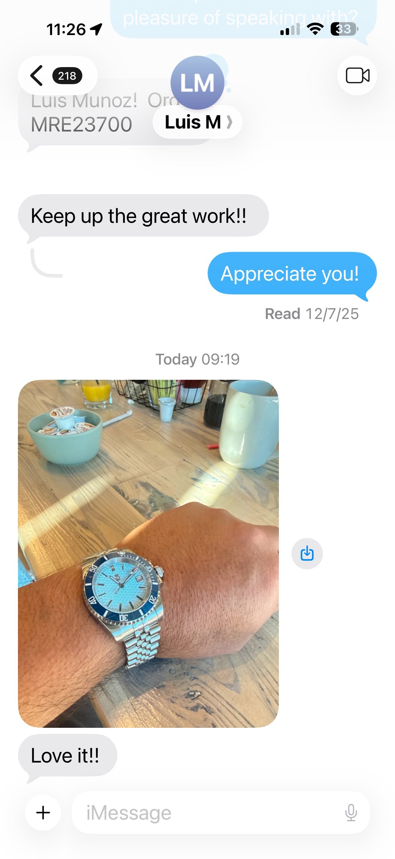 Customer message about their Mr. Eatwell watch
