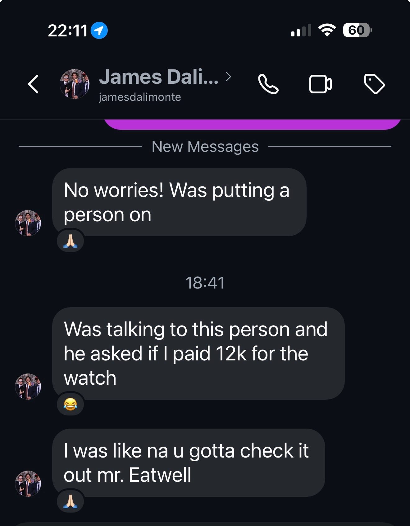 Customer message about their Mr. Eatwell watch