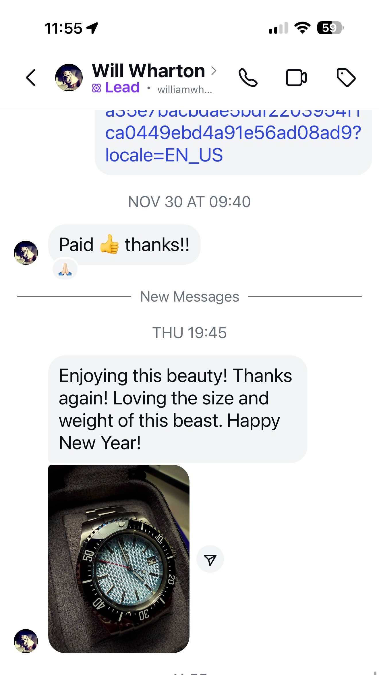 Customer message about their Mr. Eatwell watch