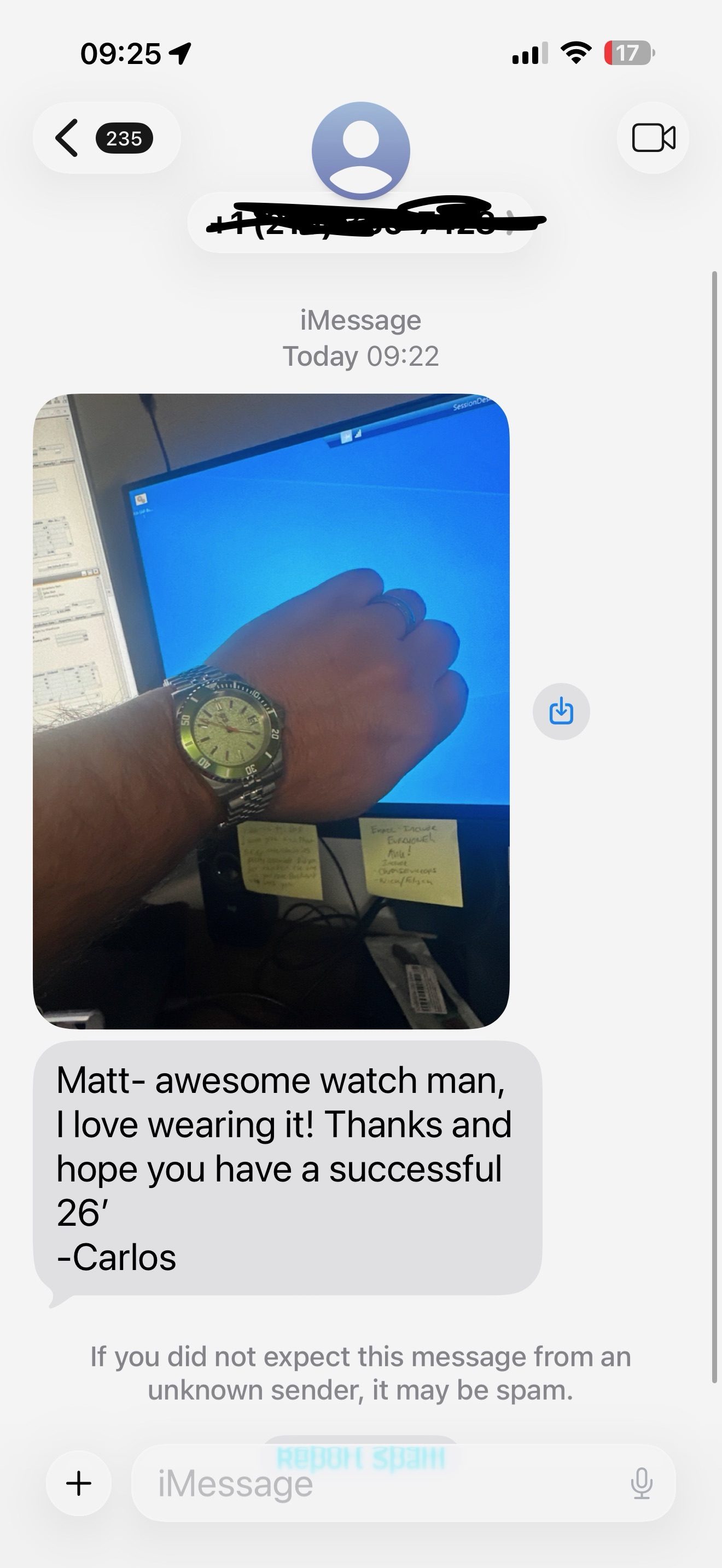 Customer message about their Mr. Eatwell watch
