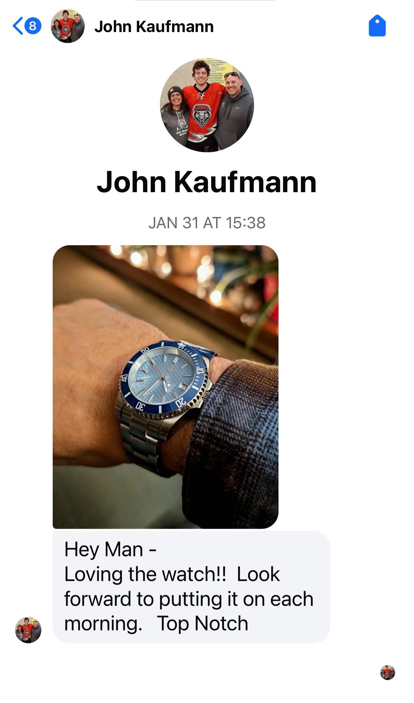 Customer message about their Mr. Eatwell watch
