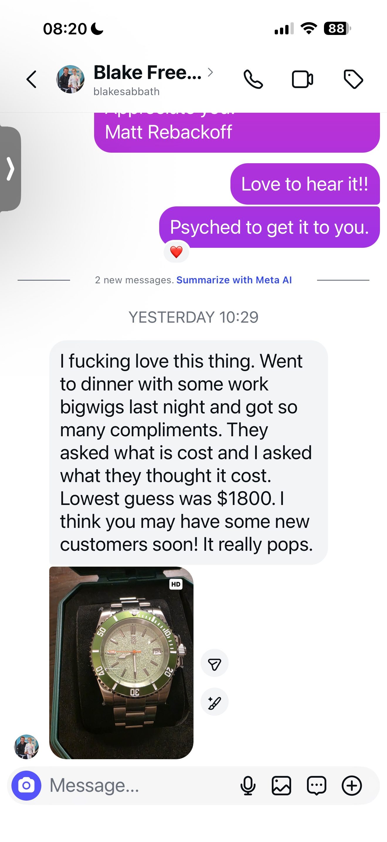 Customer message about their Mr. Eatwell watch