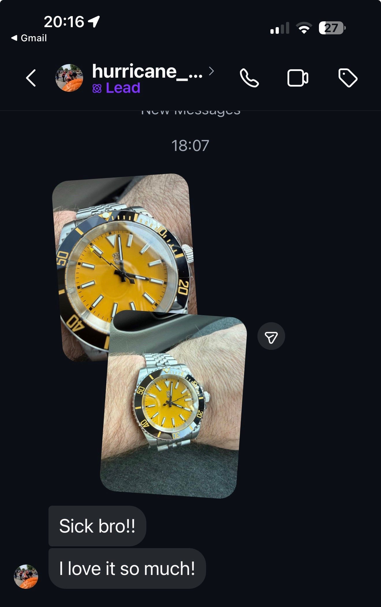 Customer message about their Mr. Eatwell watch