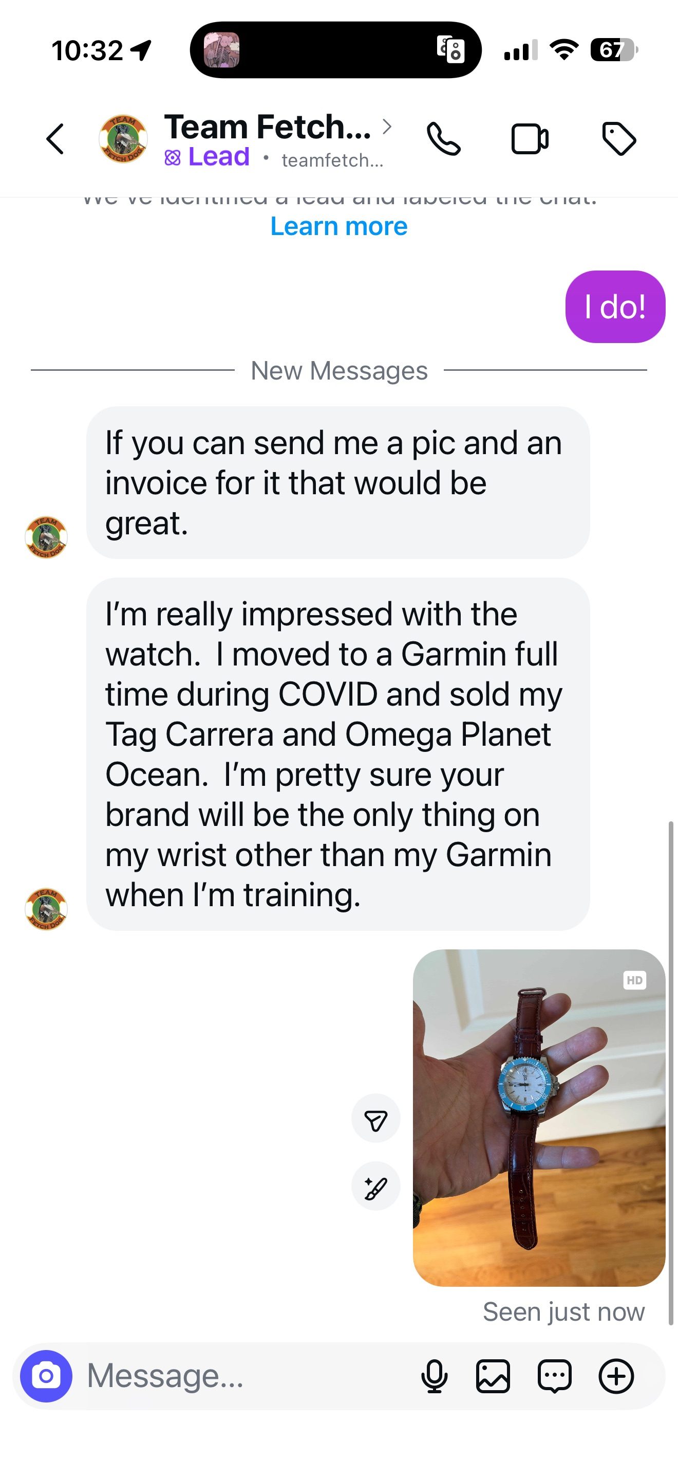 Customer message about their Mr. Eatwell watch