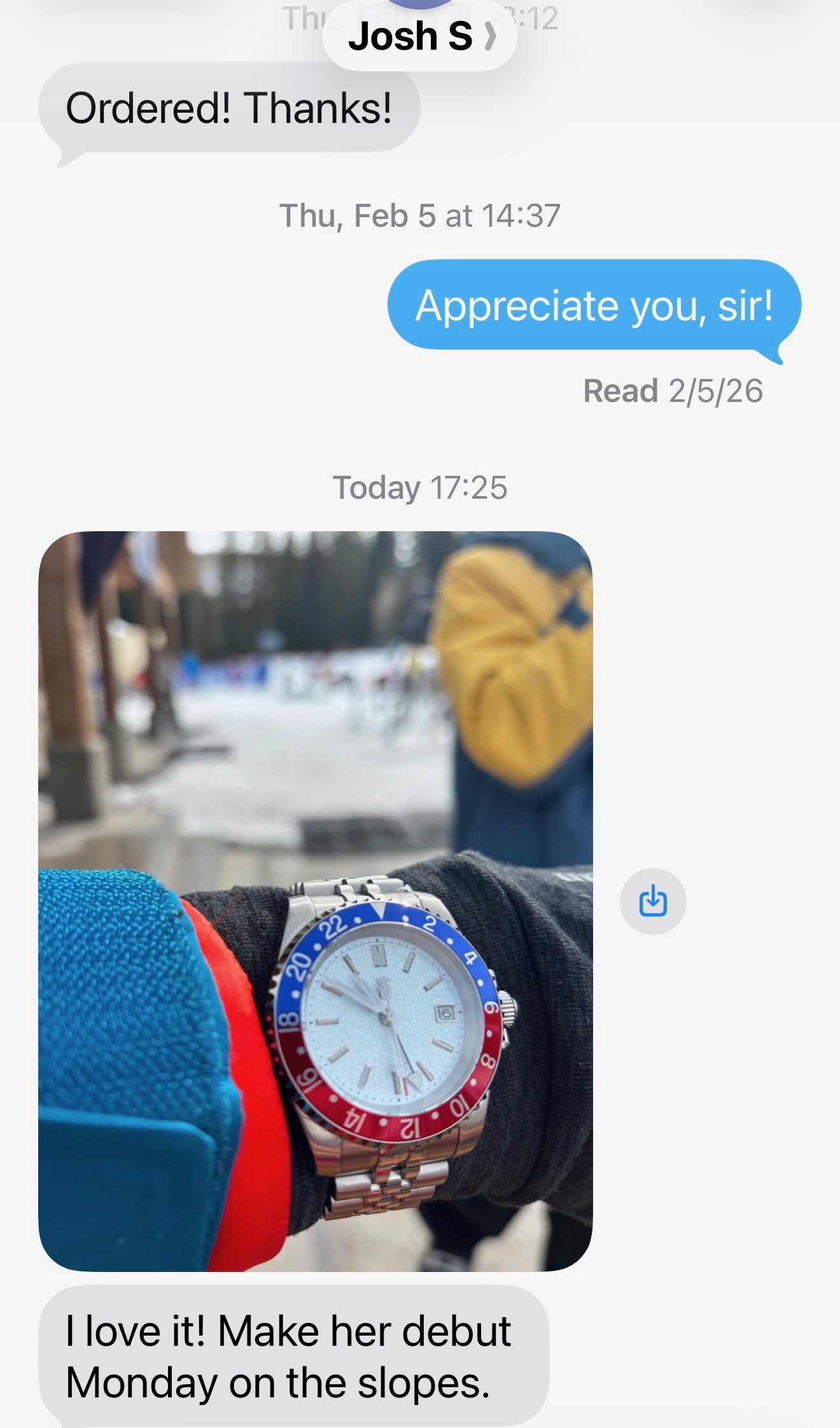 Customer message about their Mr. Eatwell watch