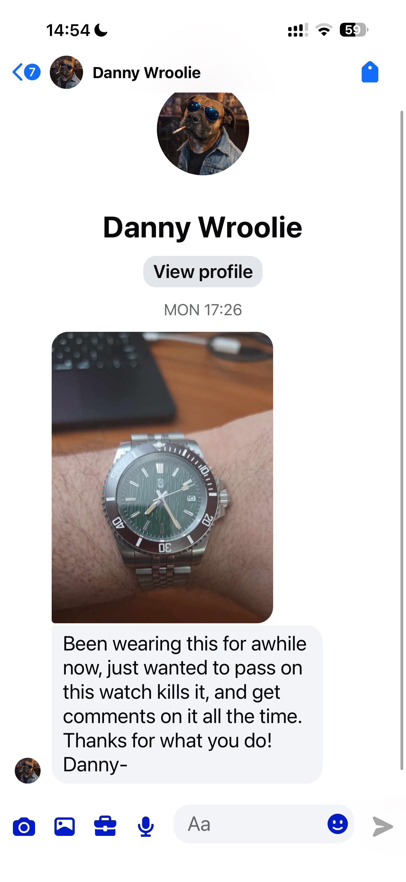 Customer message about their Mr. Eatwell watch