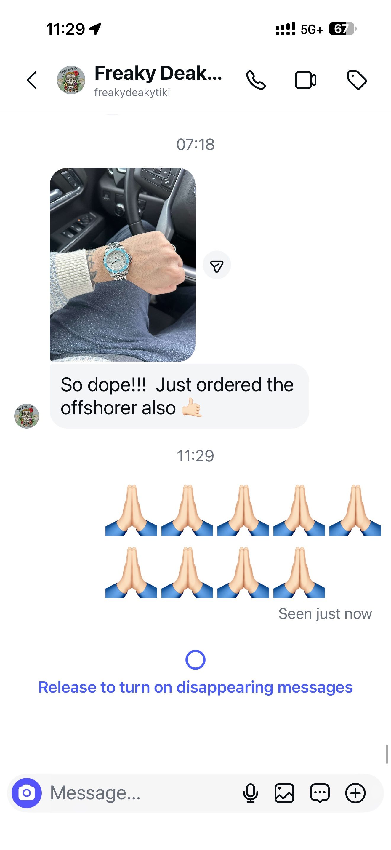 Customer message about their Mr. Eatwell watch