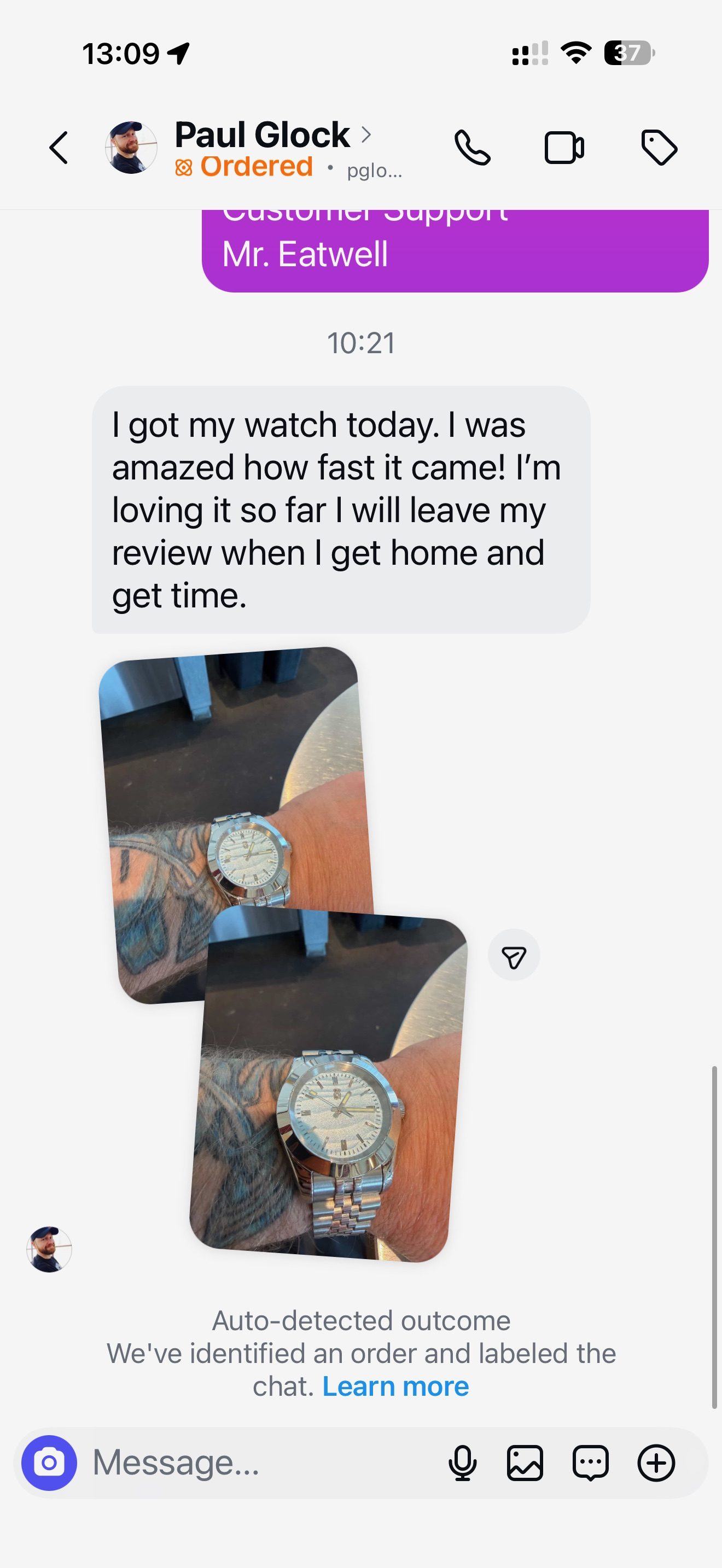 Customer message about their Mr. Eatwell watch