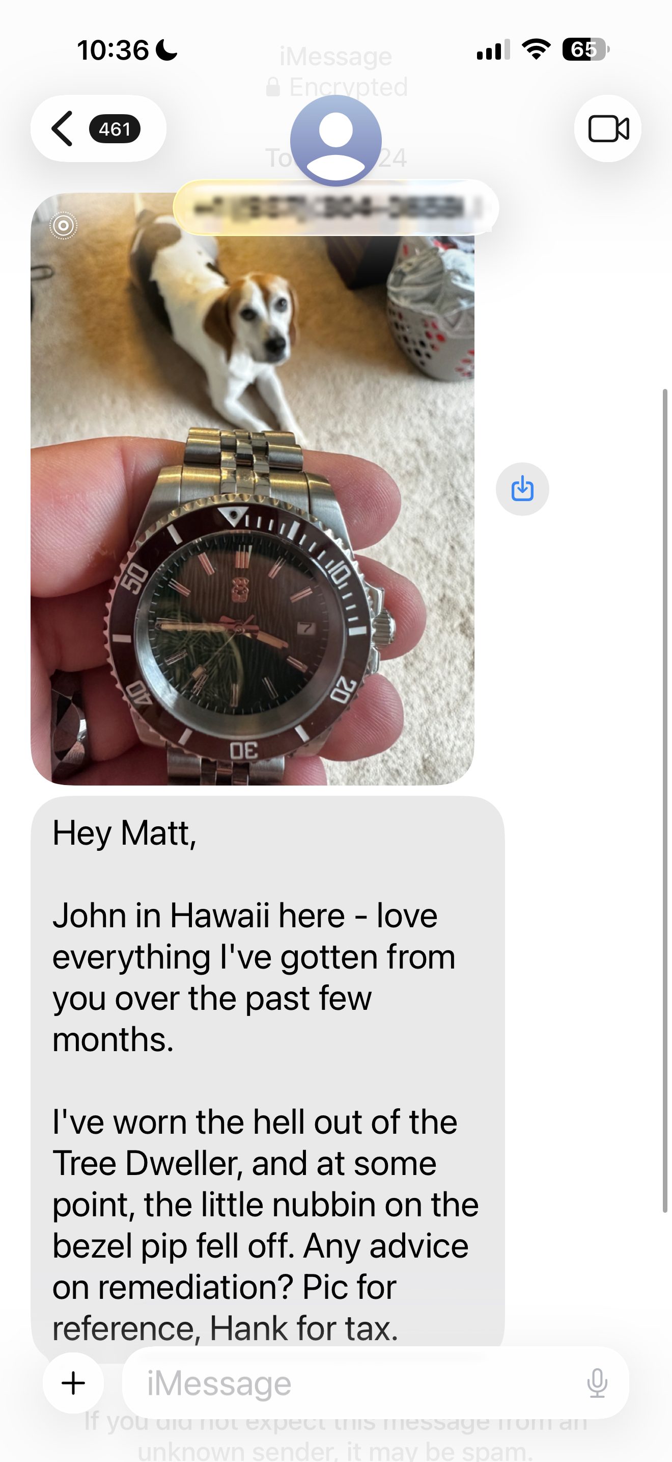 Customer message about their Mr. Eatwell watch