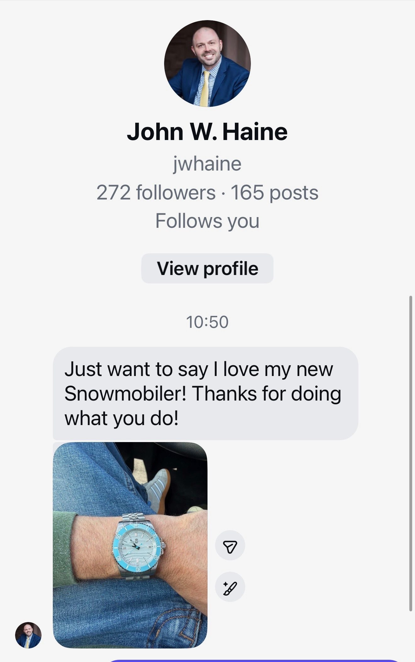 Customer message about their Mr. Eatwell watch